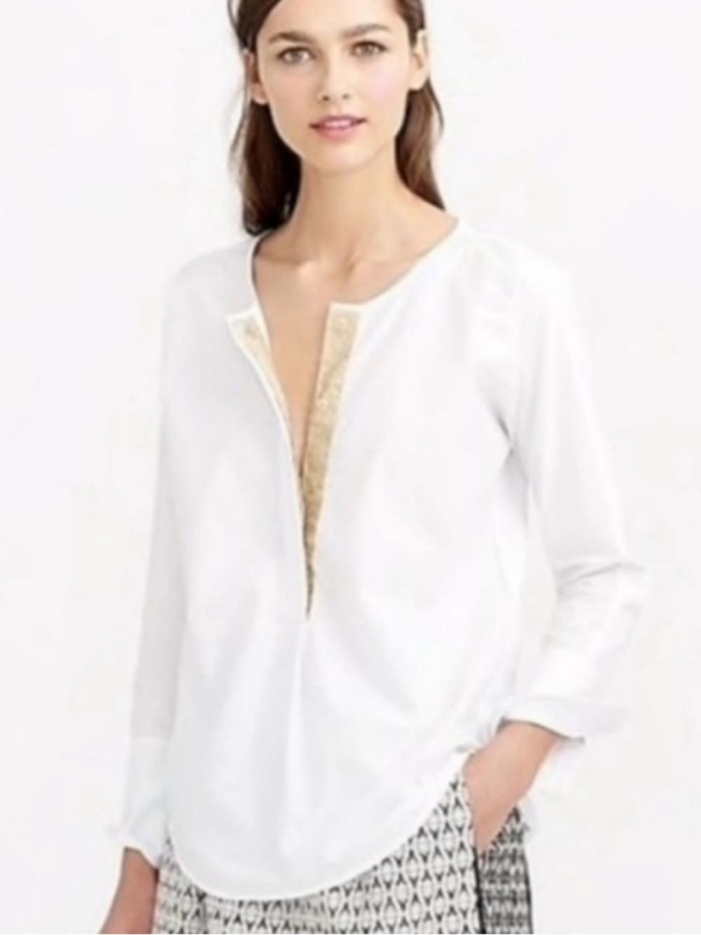 J. Crew White Popover Blouse with Gold Placket size small